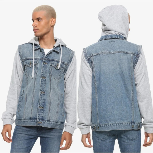 Hot Topic Men’s Grey Removable Hood & Long Sleeves Blue Denim Jacket Size 2X - Picture 1 of 16
